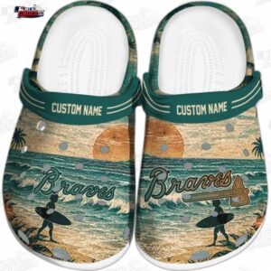 Atlanta Braves Coastal Wave Custom Name Crocs – Sunset Surf Baseball Clogs