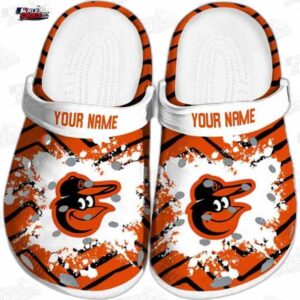 Baltimore Orioles Orange Paint Burst Crocs – Custom Name Baseball Clogs