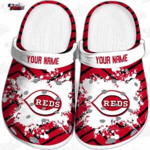 Cincinnati Reds Zigzag Paint Burst Custom Name Crocs – Red Black Baseball Clogs