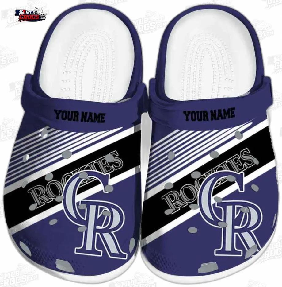 Colorado Rockies Diagonal Stripe Custom Name Crocs – Purple Black Baseball Clogs Colorado Rockies Diagonal Stripe Custom Name Crocs – Purple Black Baseball Clogs
