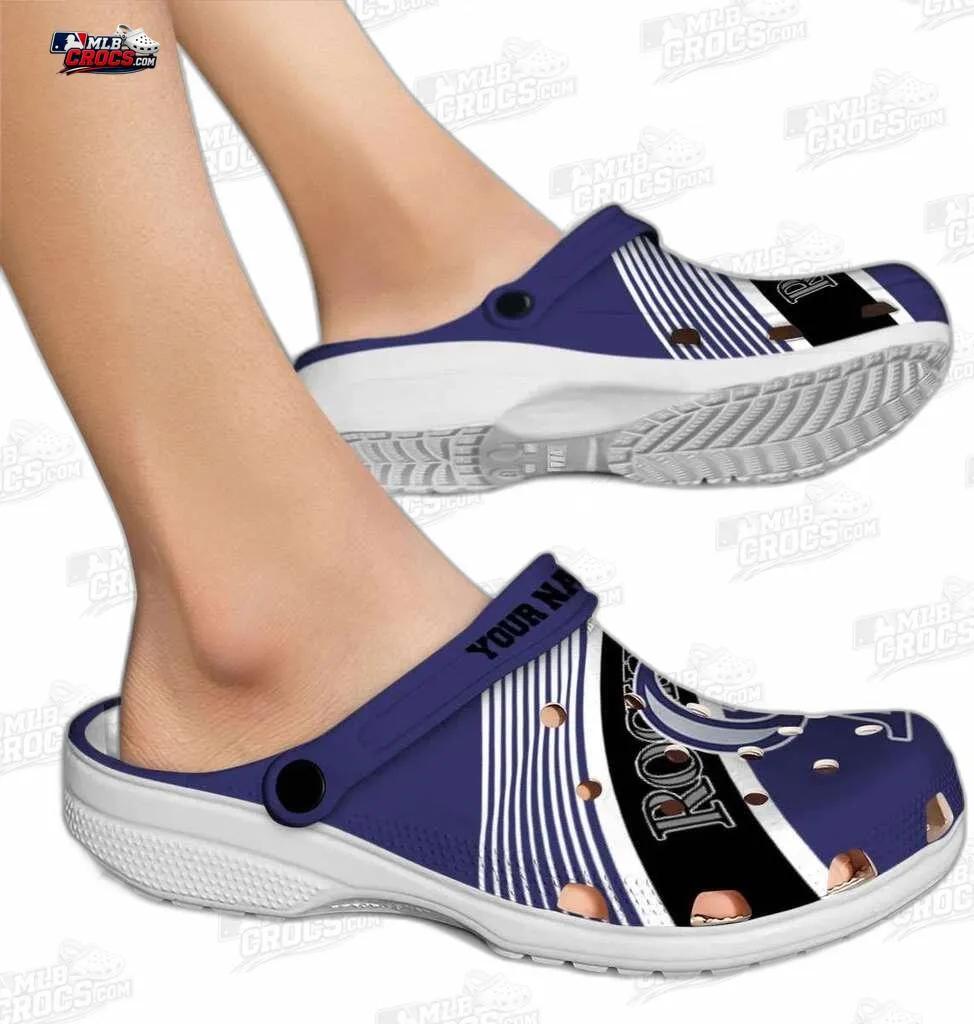 Colorado Rockies Diagonal Stripe Custom Name Crocs – Purple Black Baseball Clogs Colorado Rockies Diagonal Stripe Custom Name Crocs – Purple Black Baseball Clogs