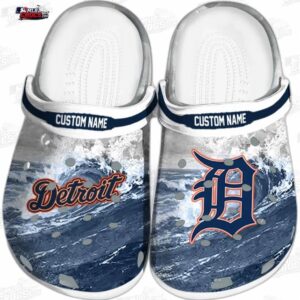Detroit Tigers Navy Ocean Wave Crocs – Custom Name Baseball Clogs