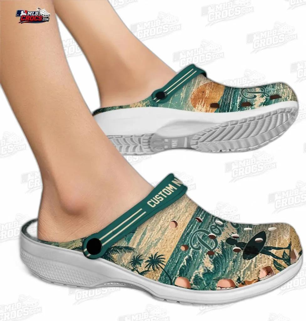 Los Angeles Dodgers Sunset Wave Custom Name Crocs – Fir Green Baseball Clogs Los Angeles Dodgers Sunset Wave Custom Name Crocs – Fir Green Baseball Clogs