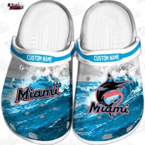 Miami Marlins Wave Swirl Crocs – Custom Name Blue Baseball Clogs