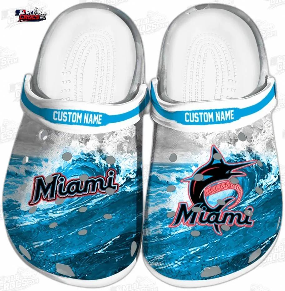 Miami Marlins Wave Swirl Crocs – Custom Name Blue Baseball Clogs Miami Marlins Wave Swirl Crocs – Custom Name Blue Baseball Clogs