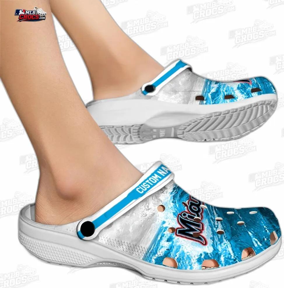 Miami Marlins Wave Swirl Crocs – Custom Name Blue Baseball Clogs Miami Marlins Wave Swirl Crocs – Custom Name Blue Baseball Clogs