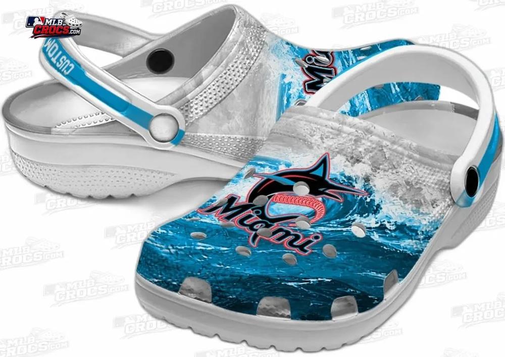 Miami Marlins Wave Swirl Crocs – Custom Name Blue Baseball Clogs Miami Marlins Wave Swirl Crocs – Custom Name Blue Baseball Clogs