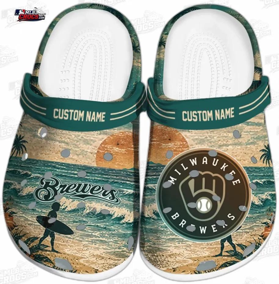 Milwaukee Brewers Sunset Surf Custom Name Crocs – Fir Green Coastal Baseball Clogs Milwaukee Brewers Sunset Surf Custom Name Crocs – Fir Green Coastal Baseball Clogs