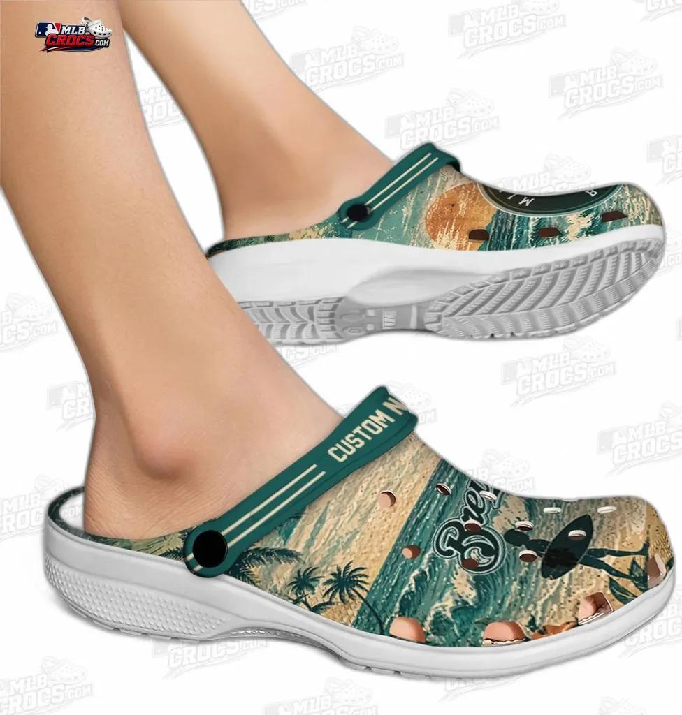 Milwaukee Brewers Sunset Surf Custom Name Crocs – Fir Green Coastal Baseball Clogs Milwaukee Brewers Sunset Surf Custom Name Crocs – Fir Green Coastal Baseball Clogs
