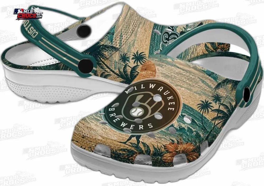 Milwaukee Brewers Sunset Surf Custom Name Crocs – Fir Green Coastal Baseball Clogs Milwaukee Brewers Sunset Surf Custom Name Crocs – Fir Green Coastal Baseball Clogs