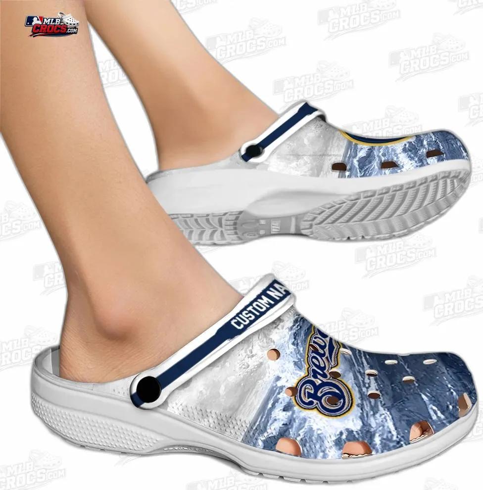Milwaukee Brewers Navy Wave Swirl Crocs – Custom Name Baseball Clogs Milwaukee Brewers Navy Wave Swirl Crocs – Custom Name Baseball Clogs