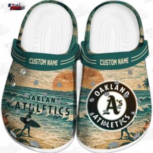 Oakland Athletics Tropical Sunset Wave Crocs – Custom Name Baseball Clogs