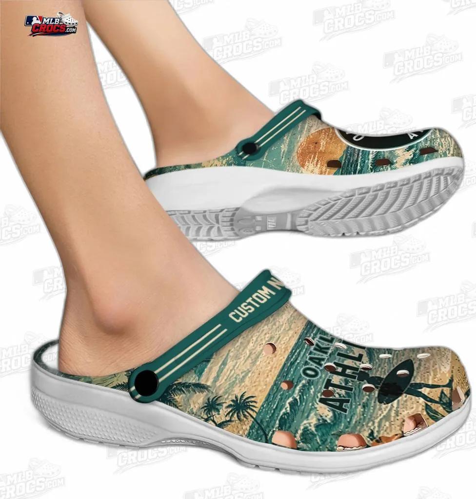 Oakland Athletics Tropical Sunset Wave Crocs – Custom Name Baseball Clogs Oakland Athletics Tropical Sunset Wave Crocs – Custom Name Baseball Clogs