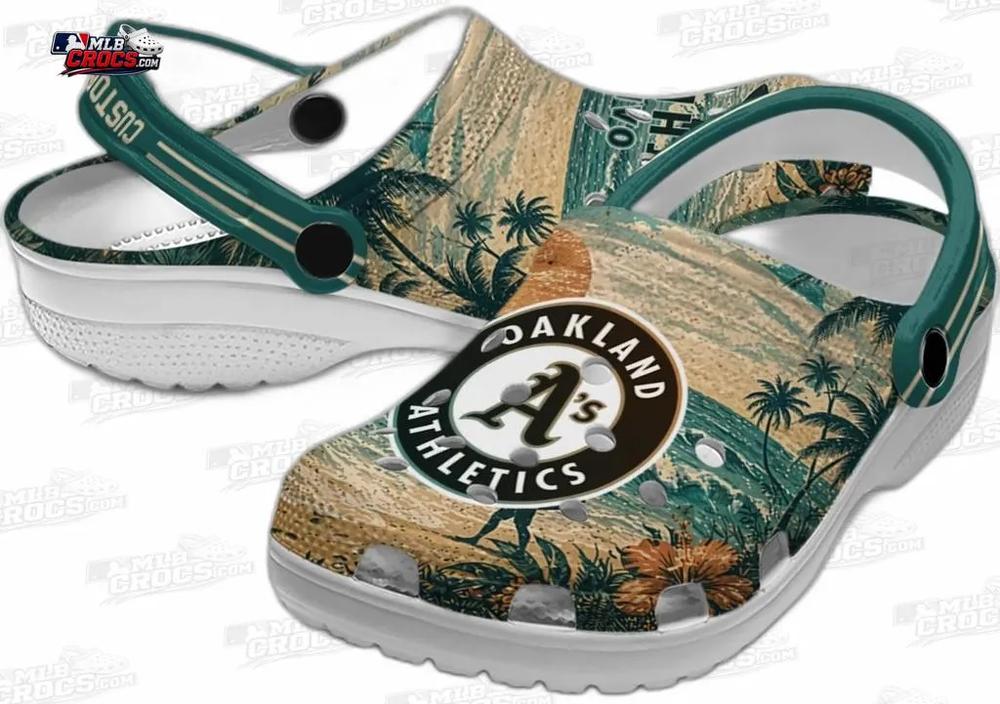 Oakland Athletics Tropical Sunset Wave Crocs – Custom Name Baseball Clogs Oakland Athletics Tropical Sunset Wave Crocs – Custom Name Baseball Clogs