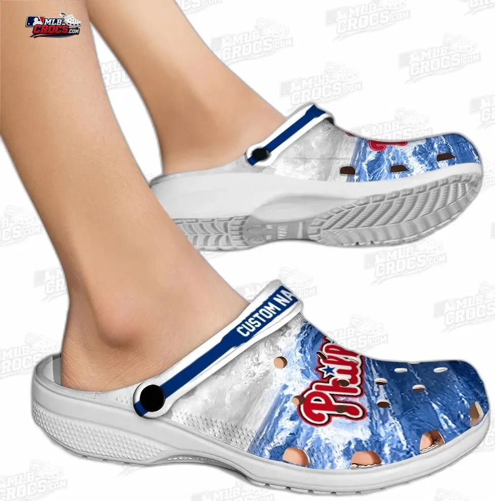 Philadelphia Phillies Wave Swirl Custom Name Crocs – Blue White Baseball Clogs Philadelphia Phillies Wave Swirl Custom Name Crocs – Blue White Baseball Clogs