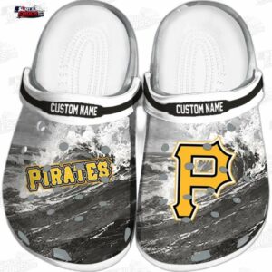 Pittsburgh Pirates Black Wave Custom Name Crocs – Gold Logo Baseball Clogs