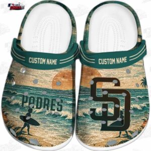 San Diego Padres Coastal Sunset Custom Name Crocs – Fir Green Wave Baseball Clogs