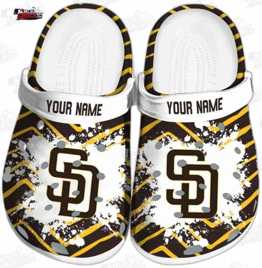 San Diego Padres Brown Gold SD Paint Burst Crocs – Custom Name Baseball Clogs San Diego Padres Brown Gold SD Paint Burst Crocs – Custom Name Baseball Clogs
