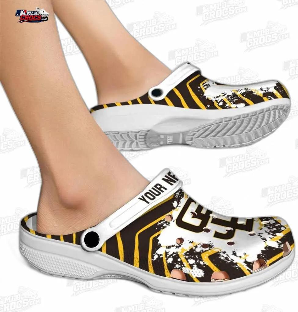 San Diego Padres Brown Gold SD Paint Burst Crocs – Custom Name Baseball Clogs San Diego Padres Brown Gold SD Paint Burst Crocs – Custom Name Baseball Clogs