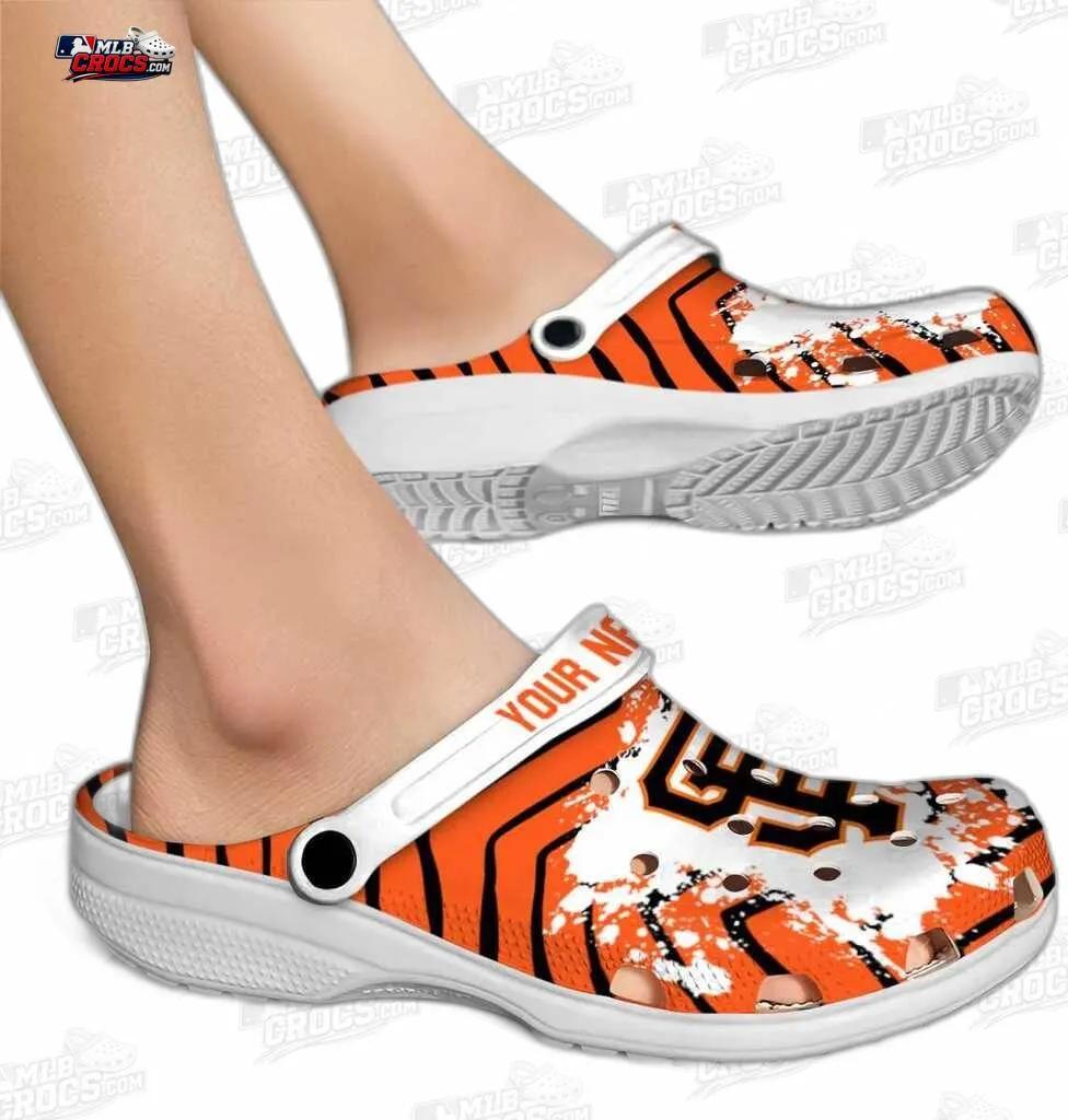 San Francisco Giants Orange Black SF Paint Burst Crocs – Custom Name Baseball Clogs San Francisco Giants Orange Black SF Paint Burst Crocs – Custom Name Baseball Clogs