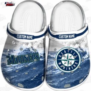 Seattle Mariners MLB Crocs Clogs - Wave Swirl Navy Blue White Baseball Fan Footwear