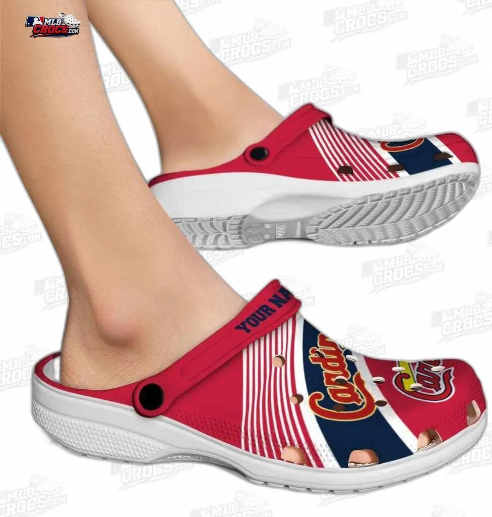 St. Louis Cardinals Diagonal Stripe Custom Name Crocs – Red Navy Baseball Clogs St. Louis Cardinals Diagonal Stripe Custom Name Crocs – Red Navy Baseball Clogs