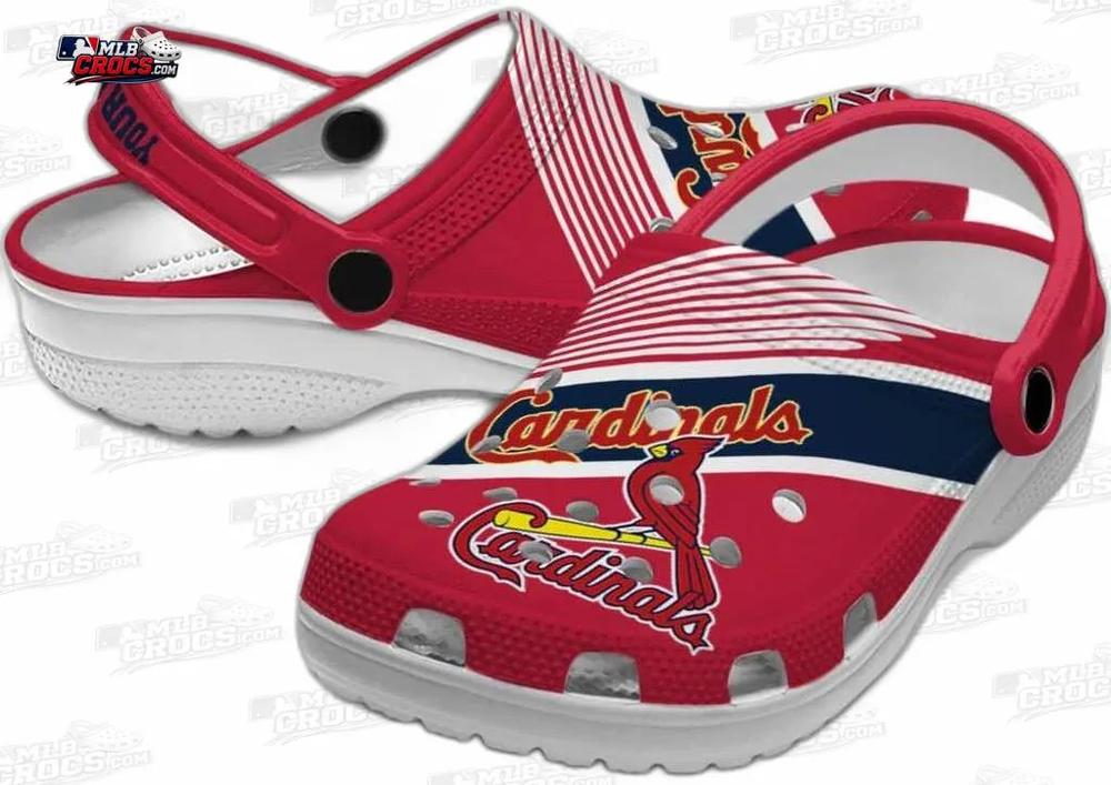 St. Louis Cardinals Diagonal Stripe Custom Name Crocs – Red Navy Baseball Clogs St. Louis Cardinals Diagonal Stripe Custom Name Crocs – Red Navy Baseball Clogs