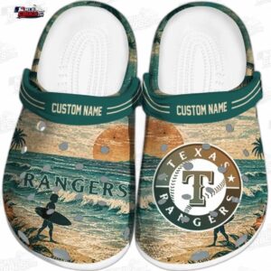 Texas Rangers Tropical Sunset Wave Crocs – Custom Name Baseball Clogs