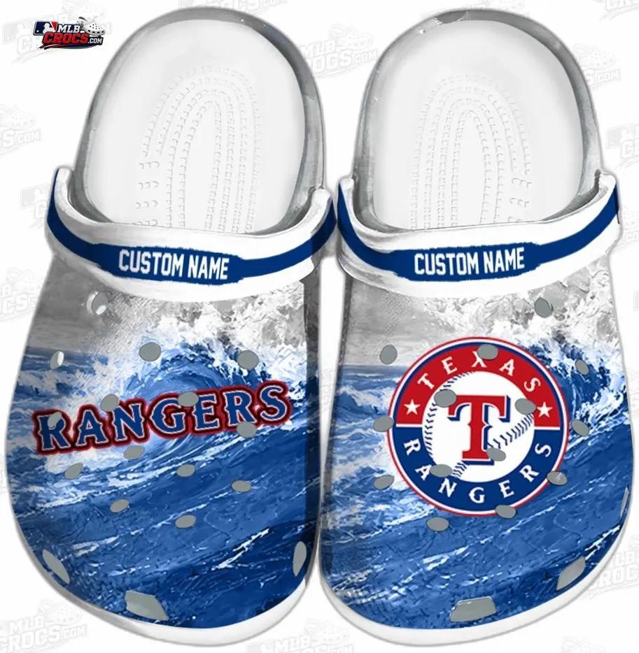 Texas Rangers Deep Blue Wave Crocs – Custom Name Baseball Clogs Texas Rangers Deep Blue Wave Crocs – Custom Name Baseball Clogs