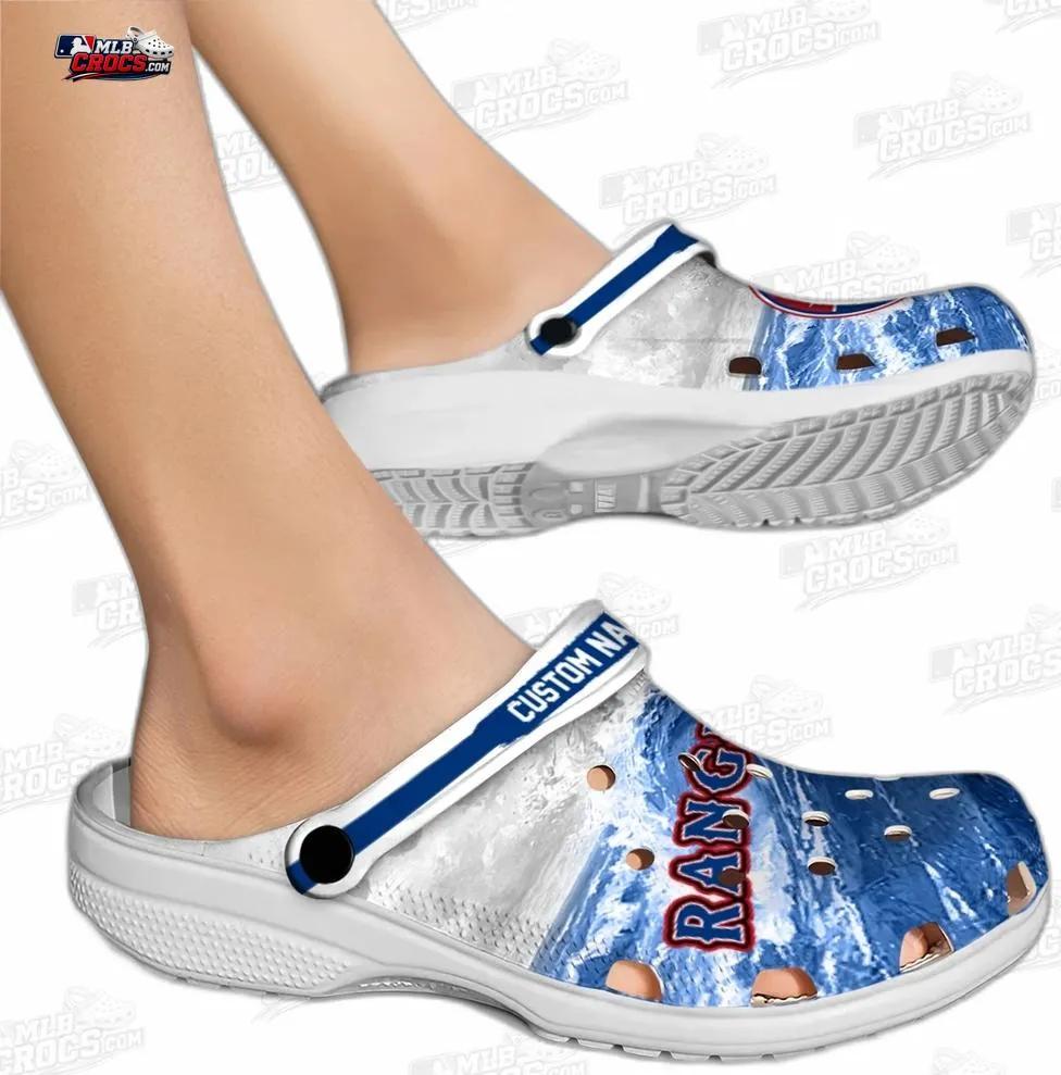 Texas Rangers Deep Blue Wave Crocs – Custom Name Baseball Clogs Texas Rangers Deep Blue Wave Crocs – Custom Name Baseball Clogs
