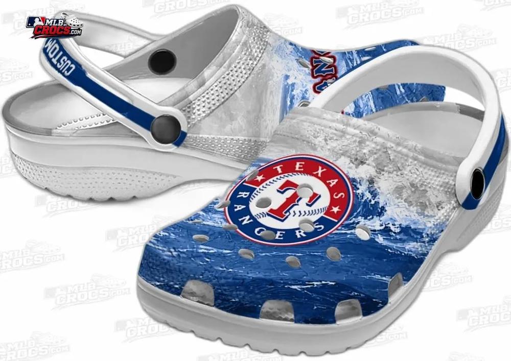 Texas Rangers Deep Blue Wave Crocs – Custom Name Baseball Clogs Texas Rangers Deep Blue Wave Crocs – Custom Name Baseball Clogs
