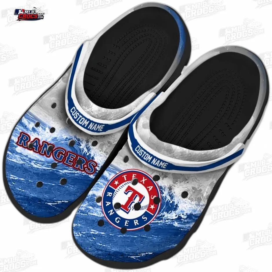 Texas Rangers Deep Blue Wave Crocs – Custom Name Baseball Clogs Texas Rangers Deep Blue Wave Crocs – Custom Name Baseball Clogs