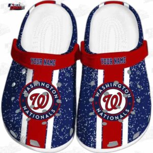 Washington Nationals Vertical Stripe Custom Name Crocs – Navy Red Baseball Clogs